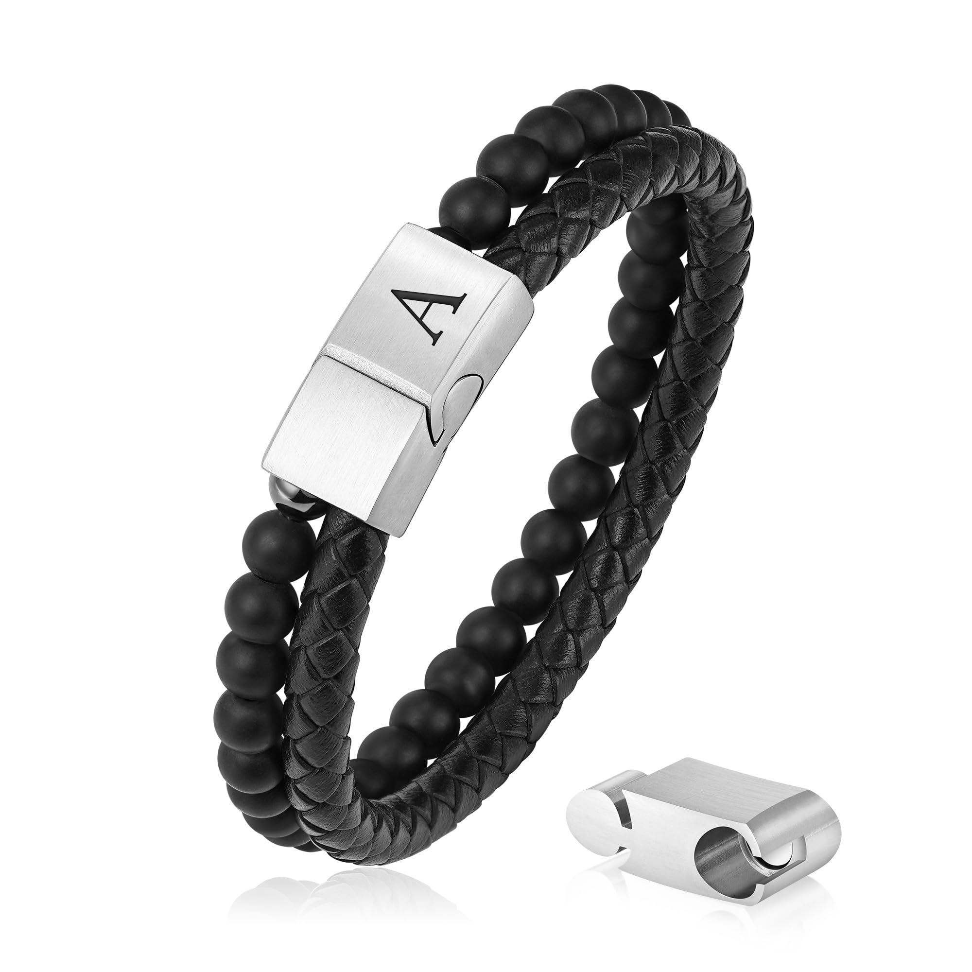 Photo 1 of LUXEJEW Gifts for Men - Mens Bracelet, Black Beaded Leather Bracelets for Men Letter A Initial Bracelet Mens Jewelry Fathers Gifts for Dad Grandpa Birthday Gift for Son Husband Boyfriend