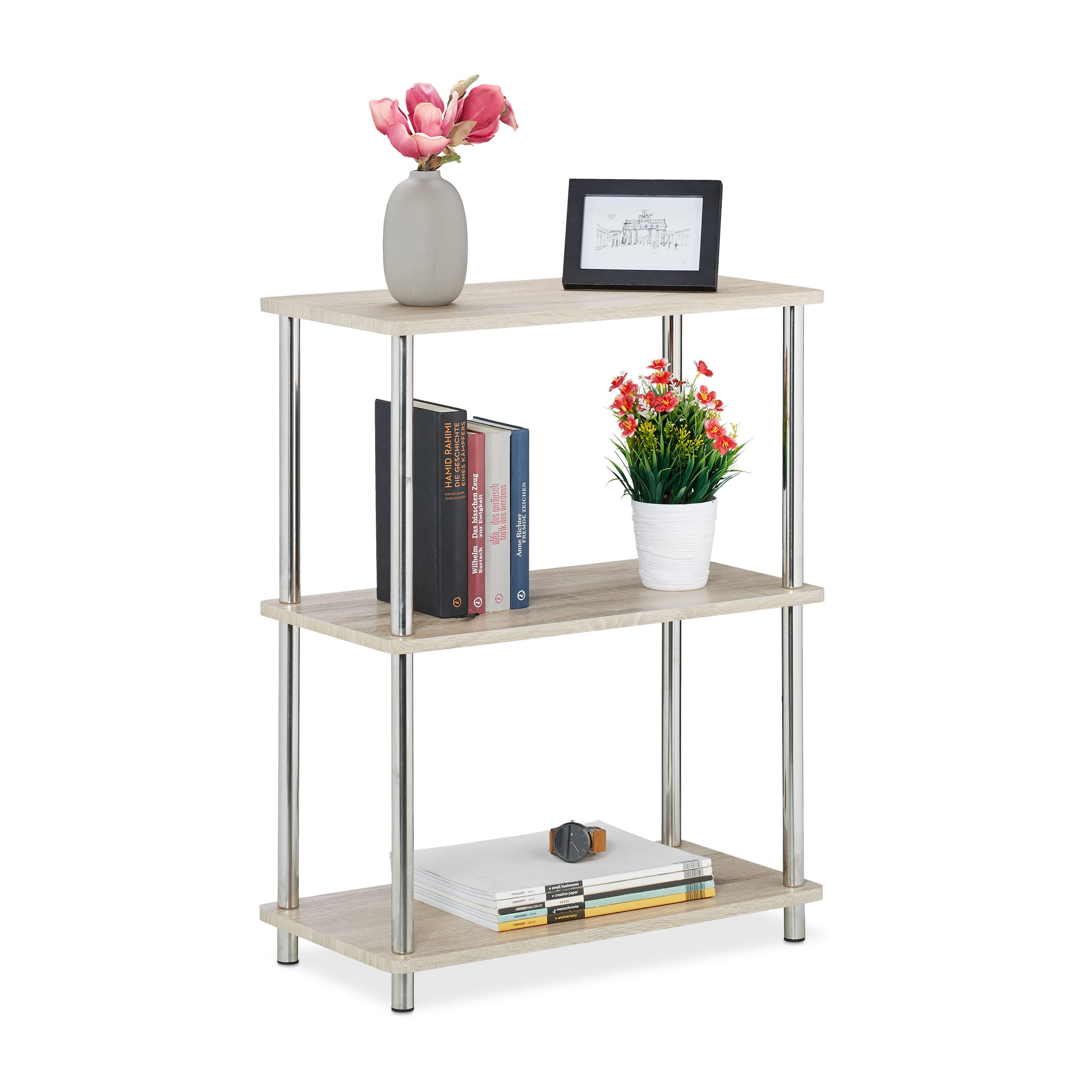 Relaxdays 3 Tiered Bookcase Low Kitchen Shelf, Multifunctional, MDF/Metal; Shelf Stand, HWD: 76 x 60 x 30 cm, Natural