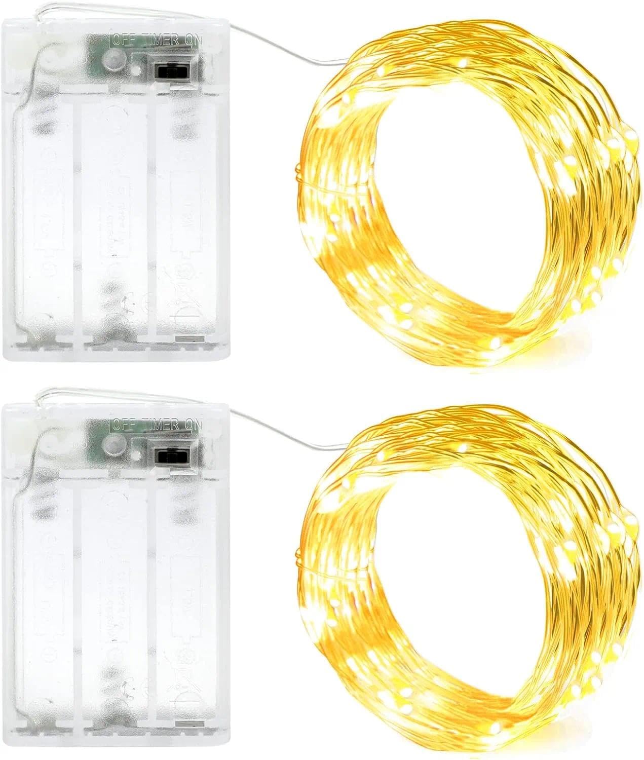 2 Pack 2M 20 LED Battery Fairy Lights with Timer Silver Wire String Lights Battery Operated DIY Decoration for Bedroom Jars Christmas Wedding Party Camping ( Warm White)