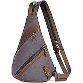 KL928 Canvas Sling Bag for Men Women, Genuine Leather Design Shoulder Crossbody Bags Backpacks Travel Daypack with Earphone Hole Rucksack, Dark Grey