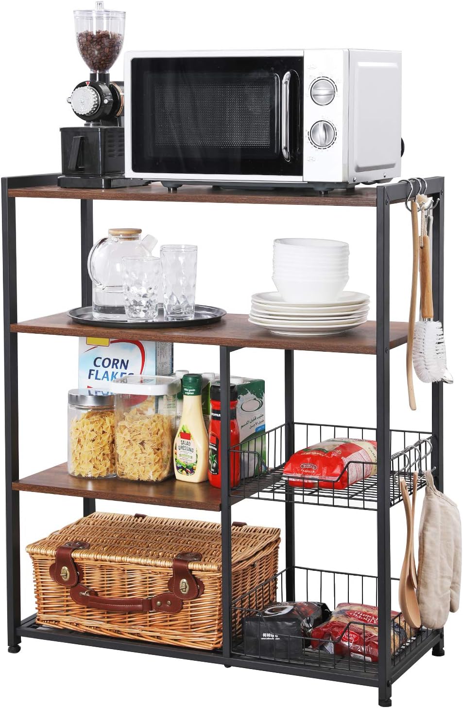 VASAGLE ALINRU Kitchen Baker’s Rack, Industrial Kitchen Shelf with 2 Mesh Baskets and 6 Hooks, Microwave Oven Stand, Rustic Brown UKKS96X - Standing Baker's Racks