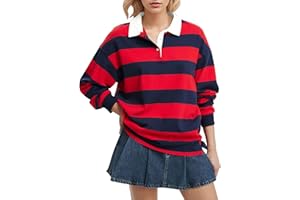 Lenader Women Long Sleeve Striped Polo Shirt Oversized Collar Y2k Pullover T Shirt Casual Loose Streetwear Rugby Sweatshirt