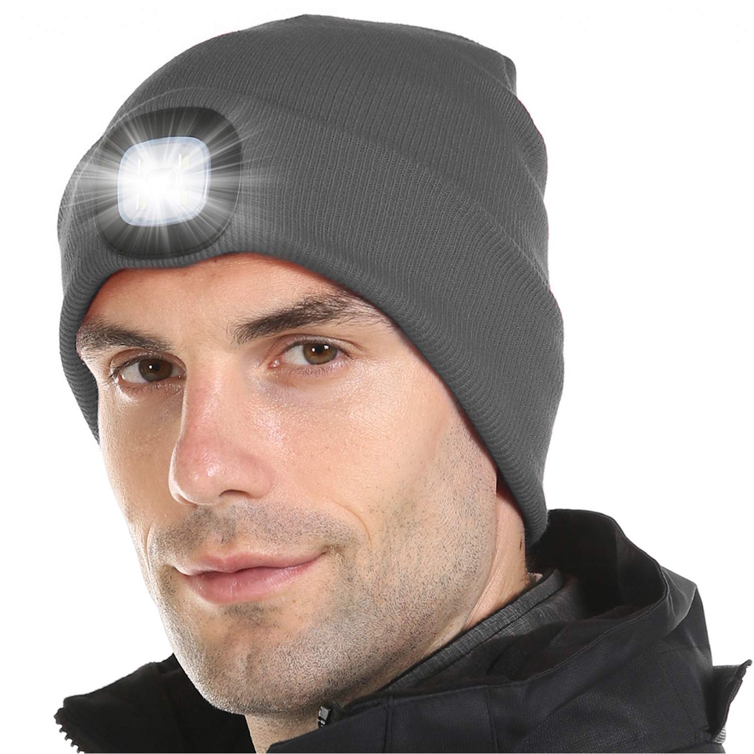 Attikee LED Lighted Beanie Cap for Adults, USB Rechargeable 4 LED Headlamp Hat, Unisex Winter Knit Hat Torch for Running Cycling Camping, Christmas Tech Gifts for Men Dad Women Teens