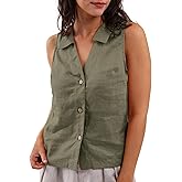 Amazhiyu Women's 100% Linen Summer Sleeveless Button-Down Tops Slight Crop Vest