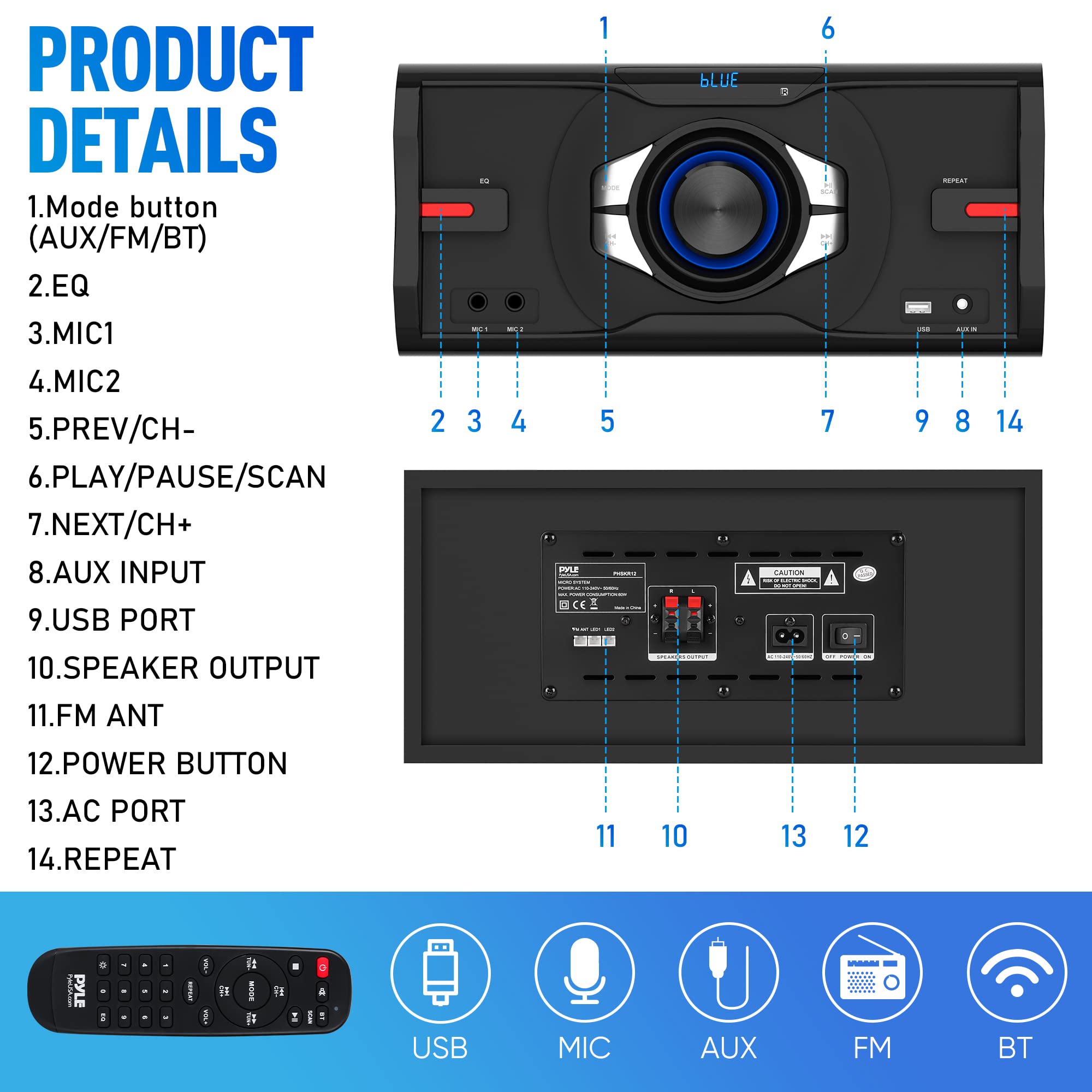 Pyle 3-piece Wireless BT Streaming Stereo with 800 Watt Max Power, Sleek and Compact Design, Mini System for Home with MP3, USB, FM Radio, Bass Reflex Speaker, and Remote Control