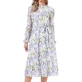 Allegra K Fall Casual Floral Dress for Women 2025 Long Sleeve Crew Neck Chiffon Midi Tea Party Ruffle Dresses