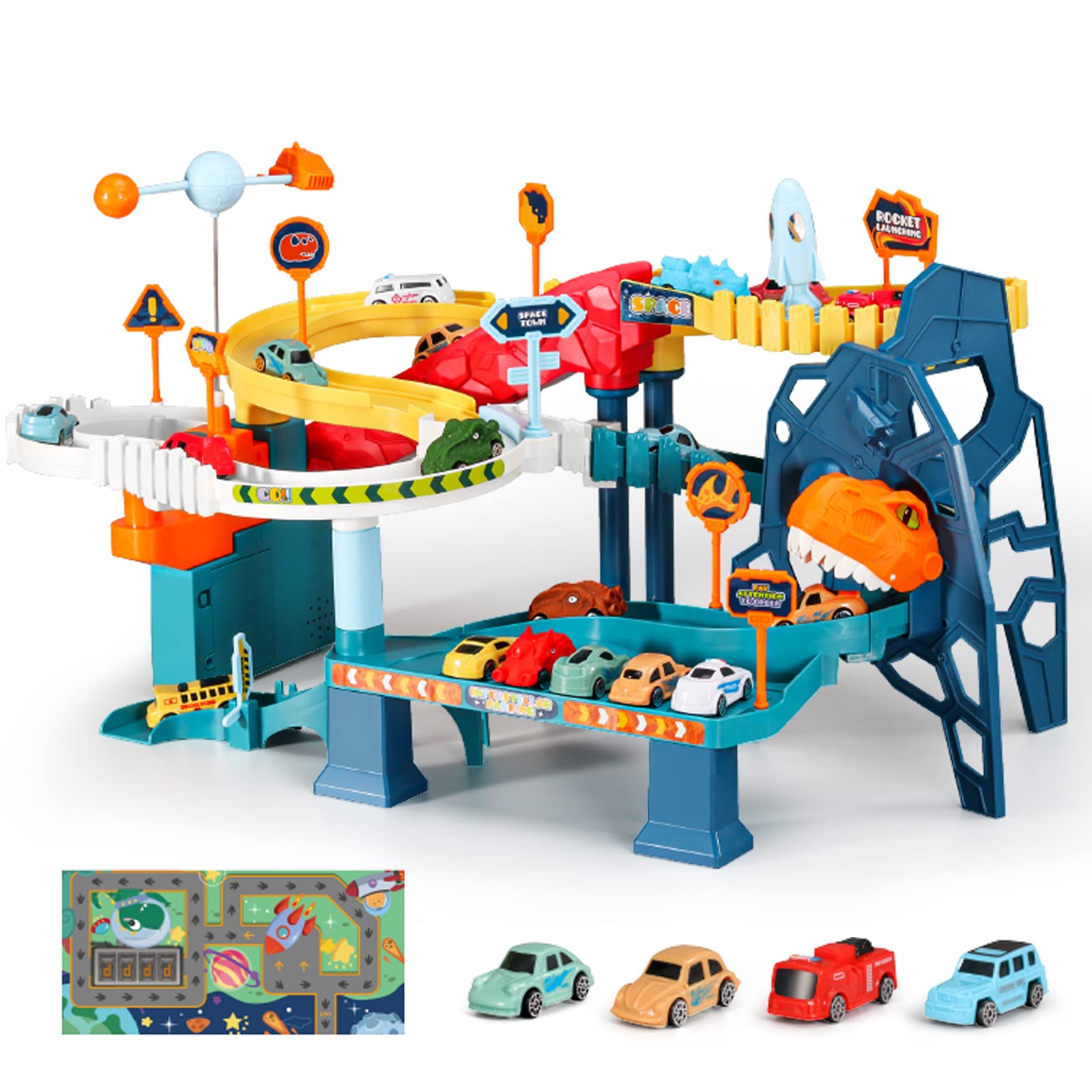 RedCrab Children Space Car Playset, Ramp Track Toy Set,Winding Highway Space Dinosaur Hill, Light and Music Educational Toy for Age 3+ Boys Girls with 4 Mini Cars and Map