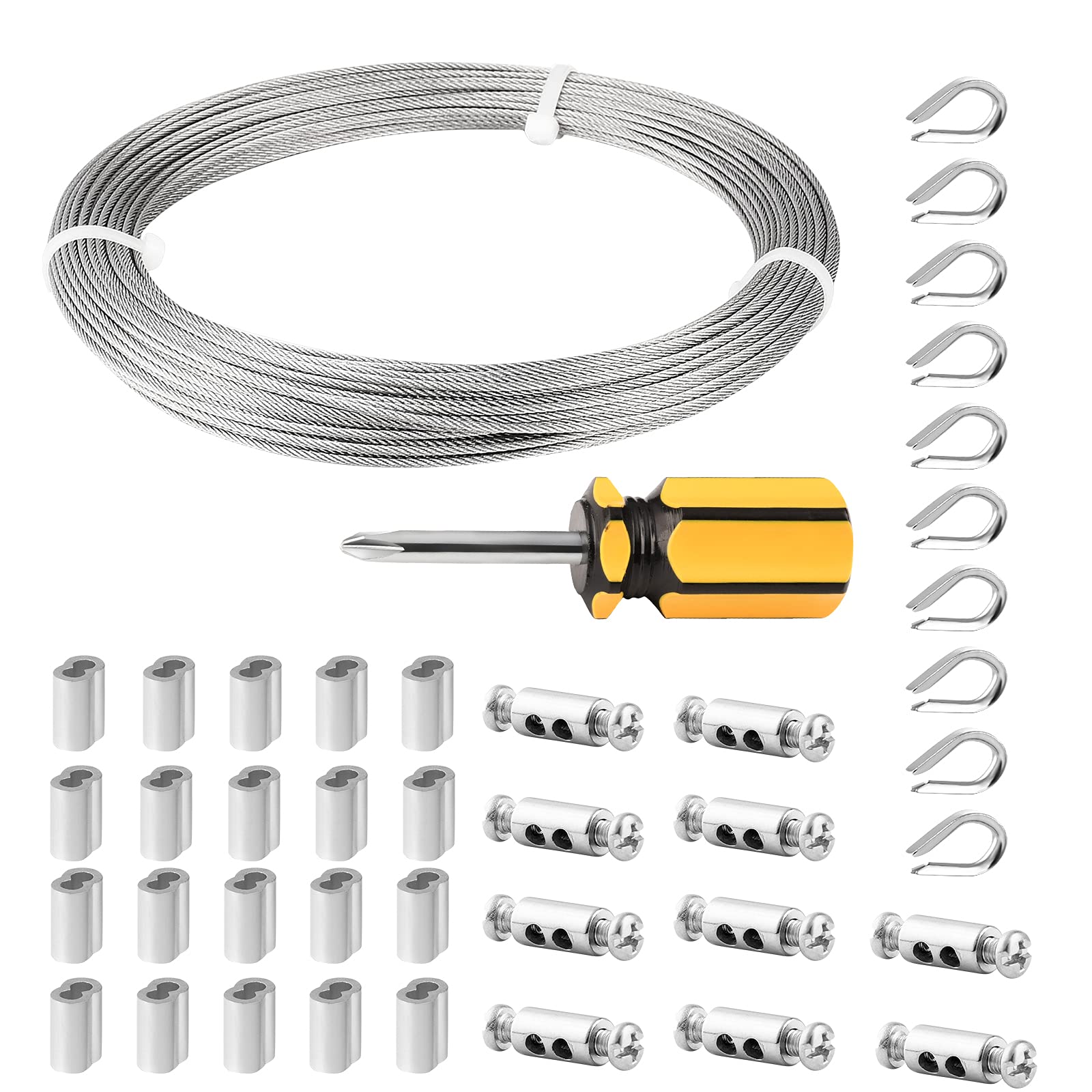 Wire Rope 30M/1.5 mm Steel Cable with Sleeves,Thimble & Clips, 7x7 Strands Metal Wire Cable for Hanging, Fence, Garden DIY Job