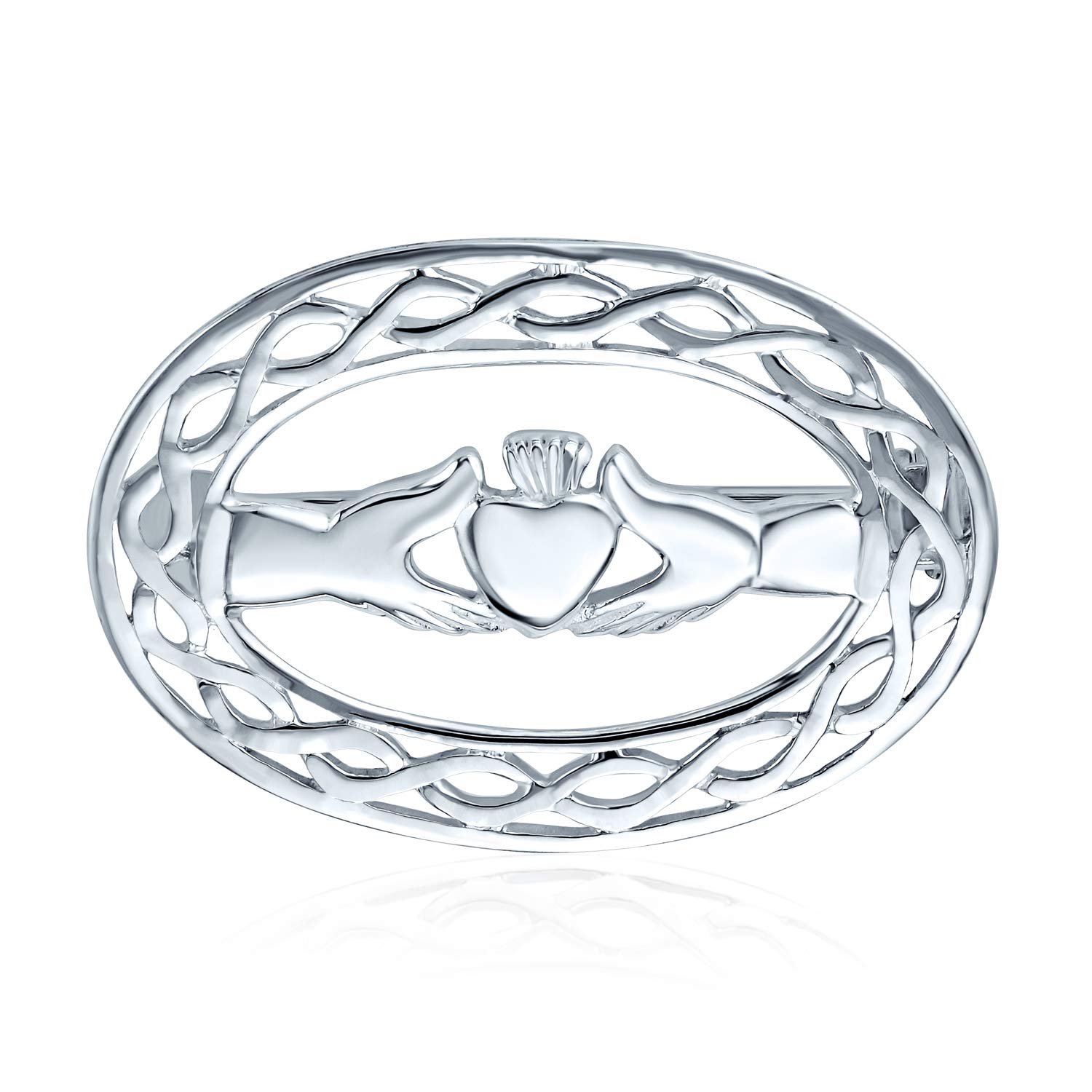 Traditional Irish Celtic Love Knot Oval Hands Heart & Crown Claddagh Scarf Brooch Pin For Women .925 Sterling Silver