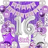 Sweet 16 Birthday Decorations Purple and Sliver 16th Party Supplies for Sixteen Lavender Girls with Number 16 Foil Balloons Happy Birthday Banner Cake Toppers Photo Backdrop Party Decor