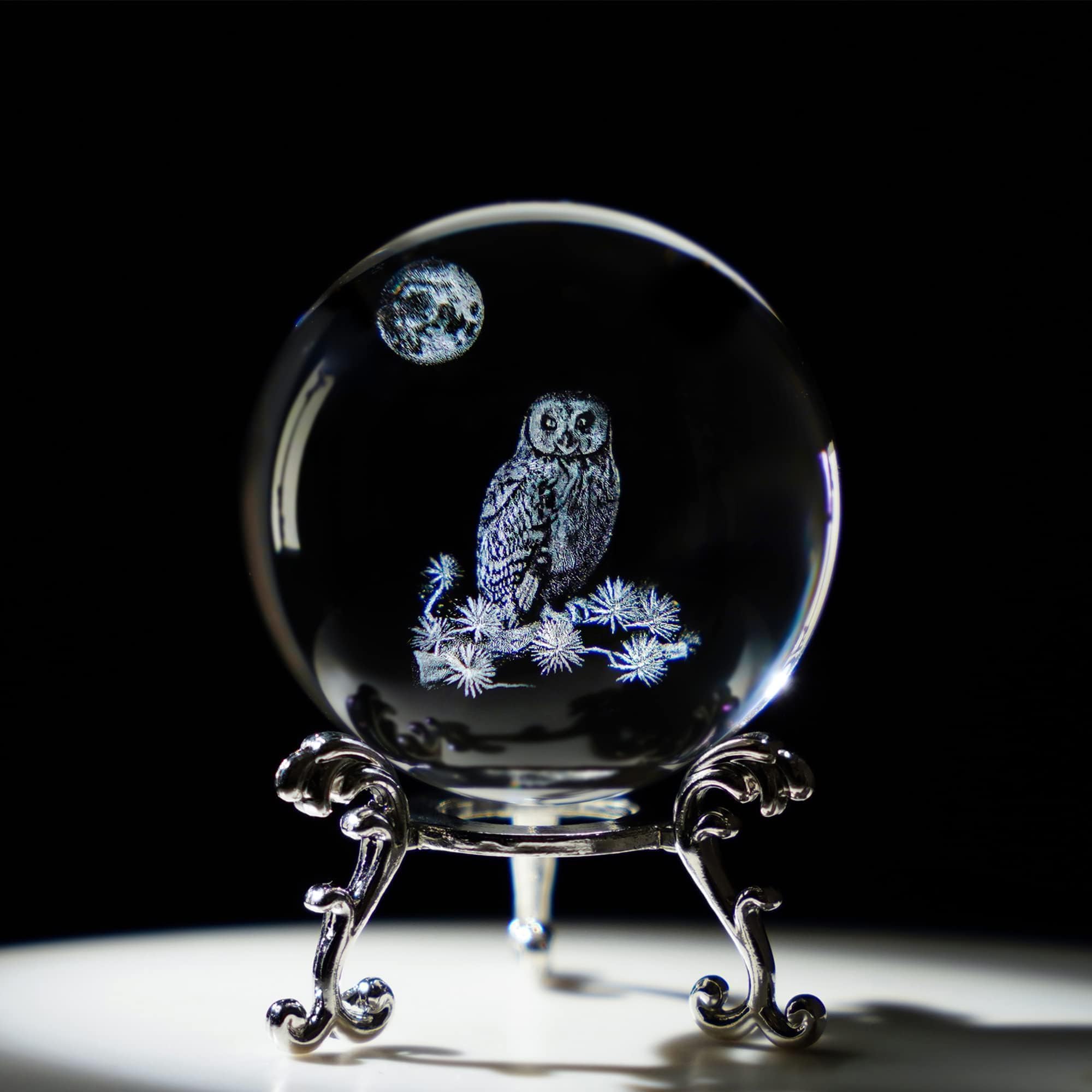 HDCRYSTALGIFTS 60mm 3D Owl Crystal Ball Gifts for Women Men Laser OWL Crystal Ball with Stand Figurines Animal Glass Ball Ornaments Paperweights Figurine Home Art Decor