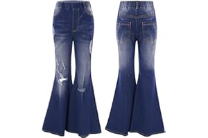 LiiYii Kids Girls Elastic Waistband Flared Bell-Bottom Pants Ripped Jeans Spring Autumn Denim Long Pants