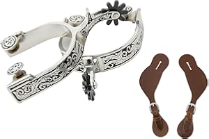 Jeereal Western Spurs with Spur Straps, Engraved Trims and Rowel, for Men and Women