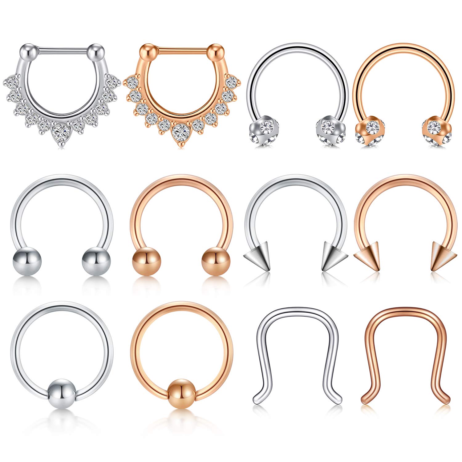 AceFun 16G Septum Hoop Nose Ring 12PCS Horseshoe Piercing Stainless Steel Cartilage Daith Tragus Clicker CBR Arrow U Shape Piercing Jewelry