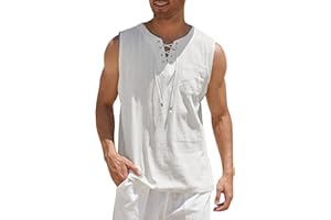 COOFANDY Men's Cotton Linen Tank Top Shirts Casual Sleeveless Lace Up Beach Hippie Tops Bohemian Renaissance Pirate Tunic