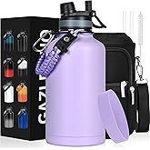 GAZLEMHO Insulated Water Bottle 64 oz, Half Gallon Water Jug Cold 48H, BPA Free Stainless Steel Bottles with Straw/Chug 2-in-1 Lid, Bag, Paracord Handle, Silicone Boot, Sports Gym School Metal Flask