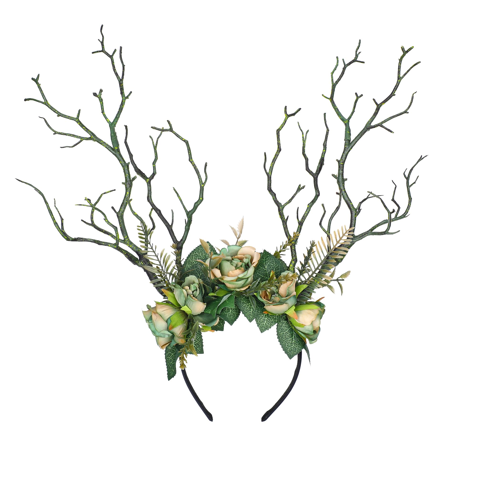 Photo 1 of MOSTORY Handmade Green Branch Crown Woodland Flower Headband Forest Antler Headpiece Floral Fairy Hairband for Women Girls Renfaire Elf Cosplay Halloween Party
