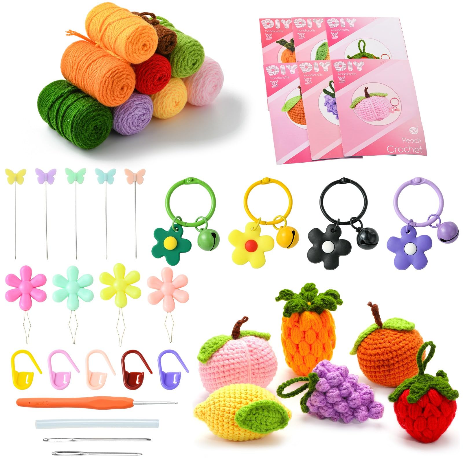 DanLingJewelry DIY Fruit Pendant Wool Yarn Crochet Knitting Kits with Step-by-Step Tutorials Strawberry Lemon Peach Fruit Crochet Kit for Knitting Supplies