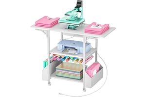 CHOEZON Foldable Heat Press Table with Charging Station, Movable Heat Transfer Stand with Vinyl Roll Holder and Storage Pockets, Mobile Workbench for DIY Sublimation Transfer, White TPS03UWB
