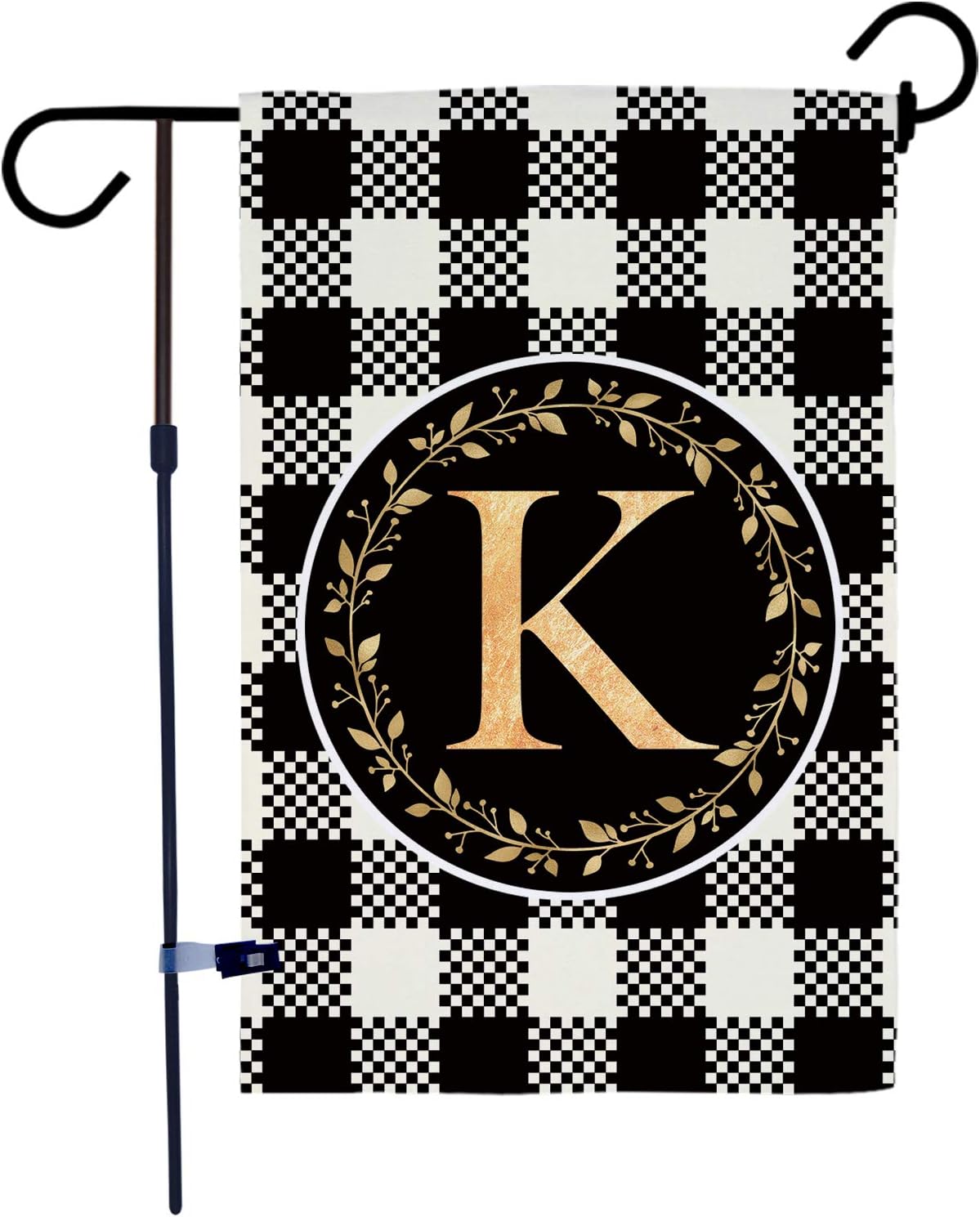 AKPOWER Small Garden Flag Black and White Plaid Check Vertical Double Sided Farmhouse Burlap Yard Outdoor Decor Classic Monogram Letter 12.5 x 18 Inch K