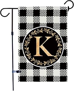 AKPOWER Small Garden Flag Black and White Plaid Check Vertical Double Sided Farmhouse Burlap Yard Outdoor Decor Classic Monogram Letter 12.5 x 18 Inch K
