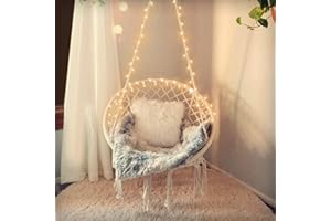 Hanging Chair for Bedroom Hammock Chair Swing with Lights and Hardware Kits Holds Up to 550Lbs Macrame Swing Chair Hanging Cotton Rope Swing Chair for Bedroom, Patio, Deck, Garden and Porch-KASHAN