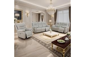 PON LIVING FURNITURE INC Genuine Leather Recliner Couch Set, Power Reclining Sofa Set 3 Pieces Top Grain Leather Sofa with Built in USB Port for Living Room(Light Grey) (Sofa+Loveseat+Chair)