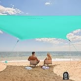 WEKAPO Beach Tent Sun Shelter - Easy Setup Beach Canopy with 4 Sturdy Poles, Large Sandbags and Shovel, 6'7'' Tall, Windproof