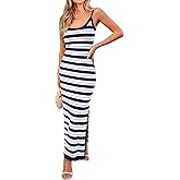 MASCOMODA Women 2025 Spaghetti Strap Striped Bodycon Maxi Dress Summer Sleeveless Knit Fitted Beach Long Sundress with Slit