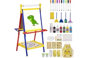 BRINJOY Art Easel for Kids, Double-Sided Wooden Magnetic Chalkboard Whiteboard with Paper Roll & Accessories, Height Adjustable Blackboard Foldable Drawing Board for Toddlers Gift for Girls & Boys 3+