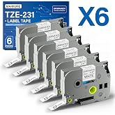 TZe-231 Label Maker Tape, 6 Pack, 12mm 0.47 Inch Laminated Black on White Tape Refills, Compatible with PT-D210 PT-H110 PT-D220 PT-D400 PT-D600 PT-P300BT PT-P700 PT-E550W, 26.2 ft Each
