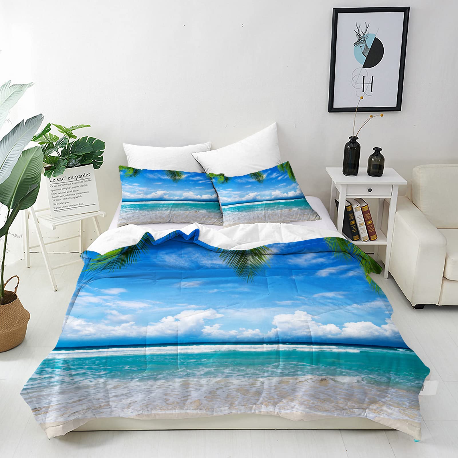 ANHOPE Beach Duvet Cover Set Soft Comforter Cover Tropical Ocean Palm Tree Print Pattern 3 Piece Bedding Set with Pillowcase All Season Quilt Cover with Zipper for Kids Adults Double Size
