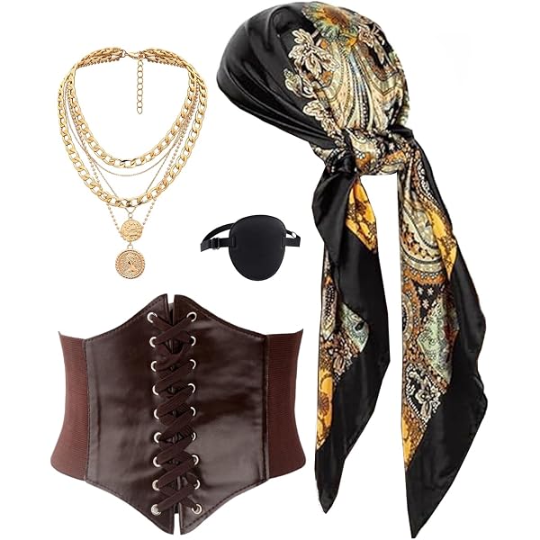 Déguisement Pirate Femme – 7 Pièces – Bandana, Ceinture, Cache-œil, Bijoux – Pour Halloween, Carnaval, Cosplay