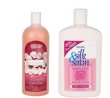 DELON-Made in Canada Bath and Body Care with Japanese Cherry Blossom Bubble Bath and Silk and Satin Body Lotion Combo