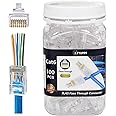 EZYUMM 100-Pack RJ45 Pass Through Connector, RJ45 Connectors, Premium Cat 6 Connectors 8P8C Gold Plated, Pass Through RJ45 Cat6 Cat 5 Connector Ends for Solid or Stranded UTP Ethernet Cable