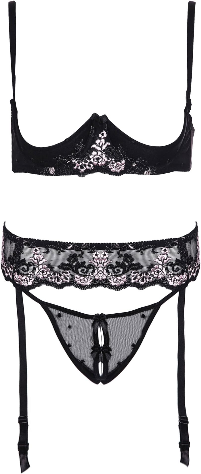Women's Sexy Babydoll 3 Pack Lingerie Set Women Retro Pattern Bra Skirt G-String Panties Underwear Garter Set Black (S)