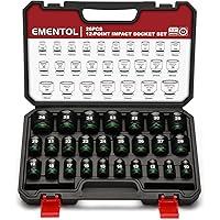EMENTOL 1/2" Drive Impact Socket Set, Shallow Sockets, 26 Pieces, Metric (10-36mm), 12 Point, CR-MO, Stamped and Ink Filled