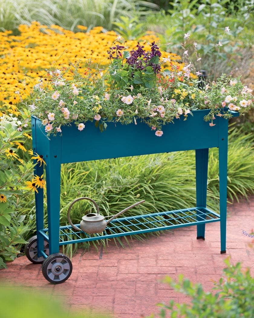 suncast pt4500 cedar potting bench on Amazon Com Gardener S Supply Company Modern Blue Steel Mobile Garden Planter Cart Rolling Patio Planter On Wheels Garden Outdoor