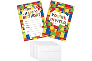 CheeseandU 12Pcs Birthday Party Invitations with Envelopes Bulk Building Blocks Party Supplies Stacking Bricks Invite Card Se