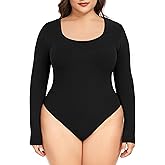 FOREYOND Plus Size Bodysuits for Women Long Sleeve Scoop Neck Body Suit Tops Casual Slim Fit Basic Leotards Shirts