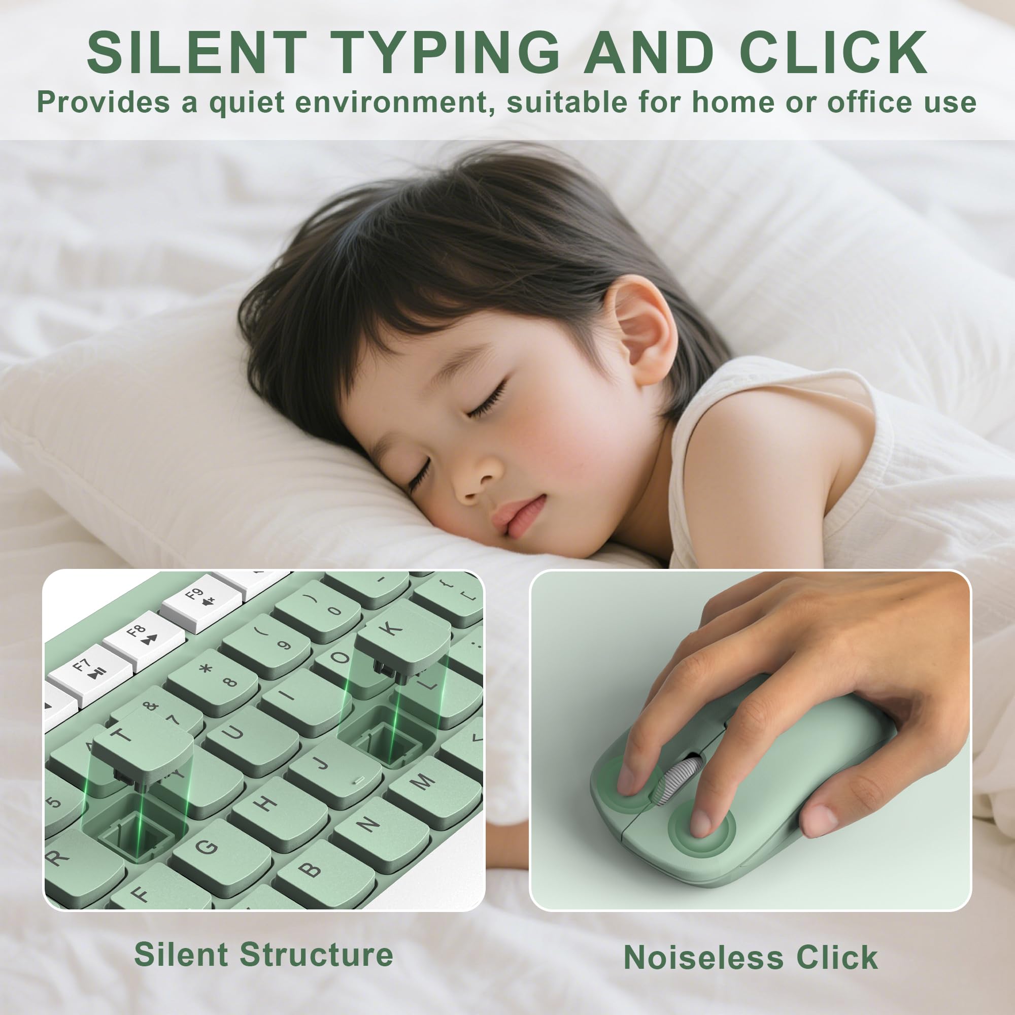 Wireless Keyboard and Mouse Combo, Full-Sized Wireless Keyboard and Adjustable DPI Mouse, 2.4GHz USB Receiver, Silent Keyboard and Mouse for PC, Windows, MAC, Desktop, Laptop (Avocado Green)