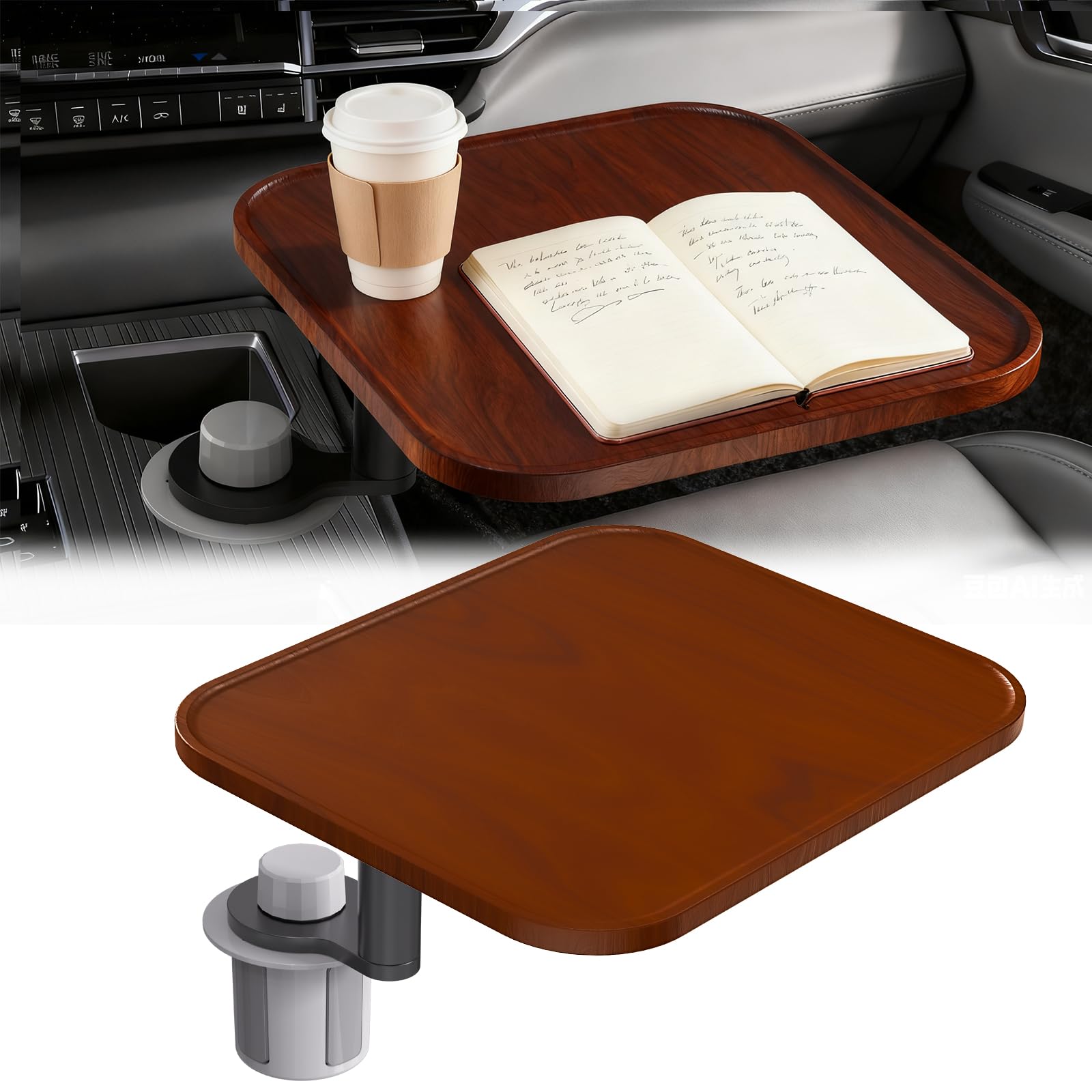 360° Rotation Car Desk for Laptop - Height-Adjustable Cup Holder Table, Wooden Car Food Tray & Laptop Mount Compatible with Tesla Model Y/3/S, Ford F150/Explorer/Maverick (Cherrywood Brown)