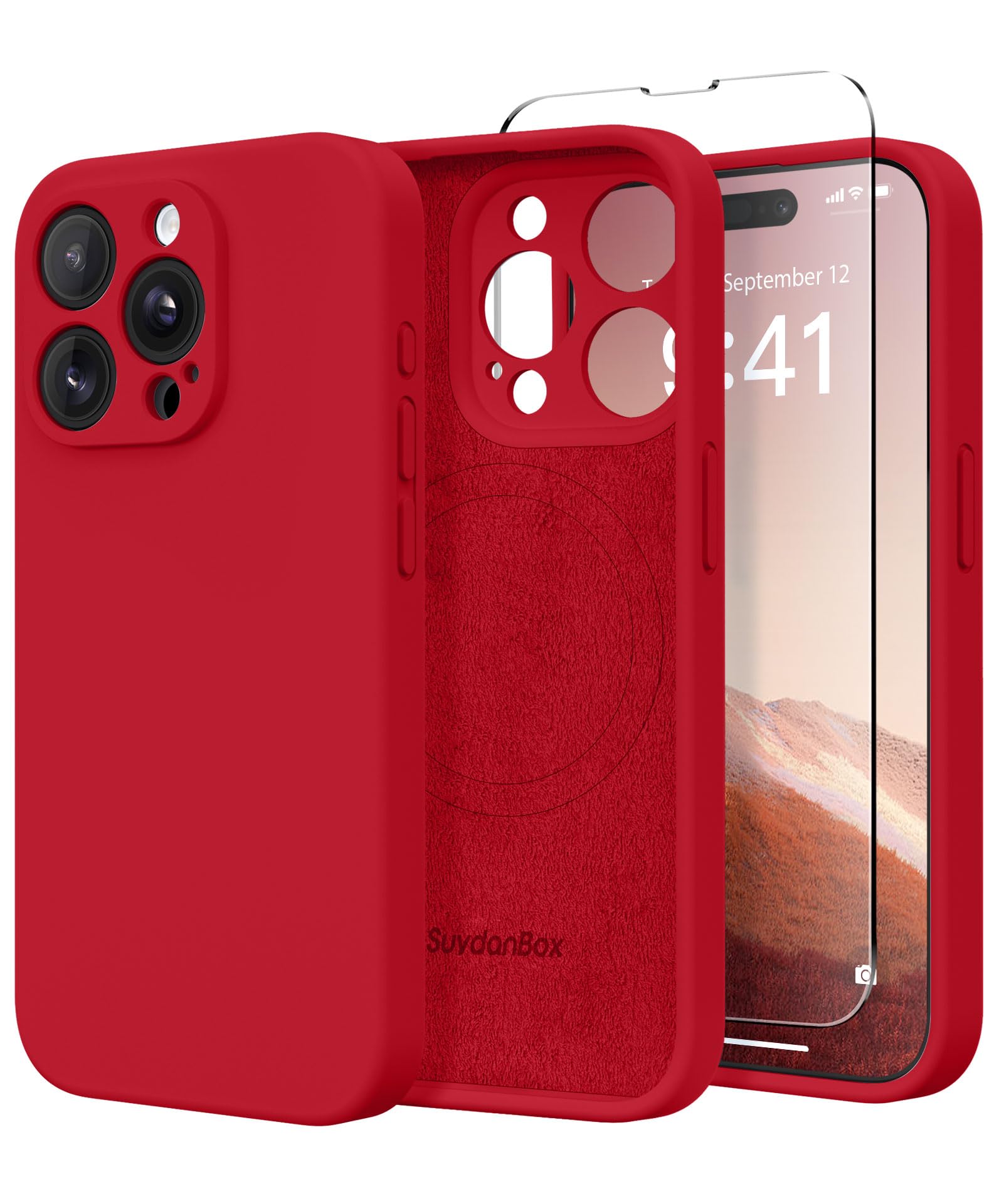 SuydanBox Magnetic for iPhone 15 Pro Max Case, Compatible with MagSafe, [Full Camera Protection][Screen Protector] Silicone Shockproof Protective Phone Case for iPhone 15 Pro Max 6.7", Deep Red