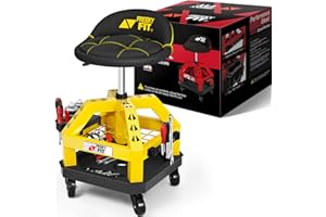 FreekyFit Rolling Shop Stool for Garage with Casters, DO02-Adjustable Height 360° Swivel Shop Seat with Tool Tray Storage, 330 LBS Capacity Padded Mechanic Stool, Magnetic Tool Hold, Heavy Duty,Yellow