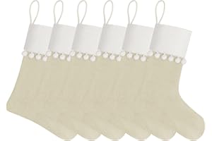 WANZELONYO Christmas Stocking 18 Inch Linen Tassel Decoration Hanging Stocking for Vinyl Sublimation HTV Ironing Craft Embroider 6 Pack Beige