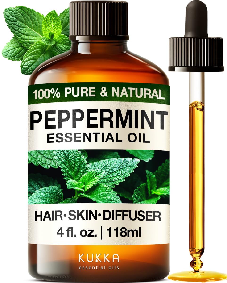 KUKKA 100% Pure & Natural Essential Oils Peppermint Oil for Skin, Hair, Diffuser, & DIY Soap Making Scents(4 Fl Oz/118 ml)