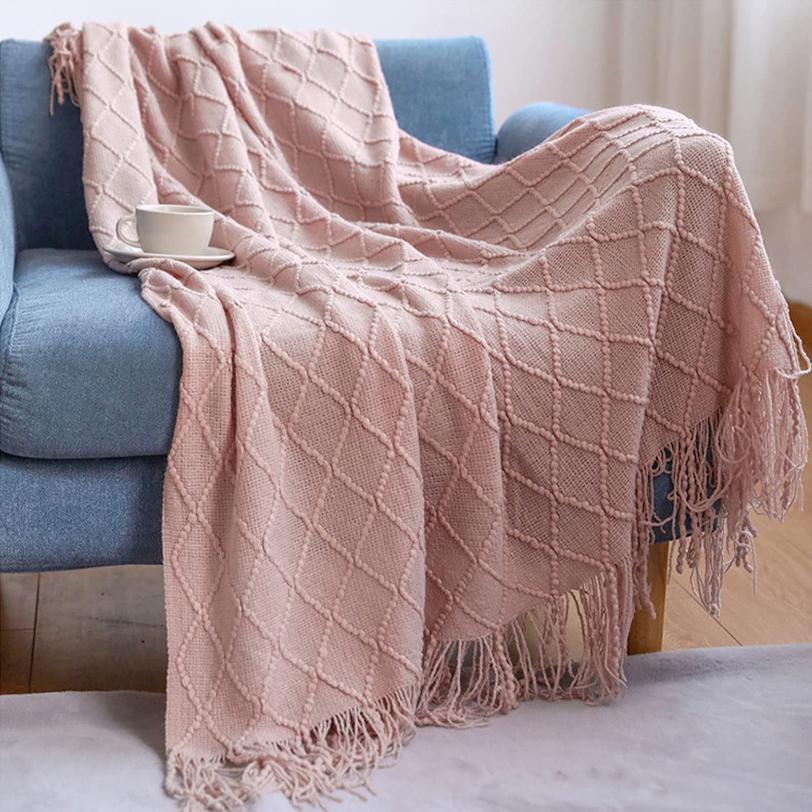 LumiSyne Knitted Throw Blanket With Tassel Solid Color Geometric Plaid Pattern Cozy Couch Cover Soft Bedspread Decorative Blanket For Sofa Bed Settee 170x130cm