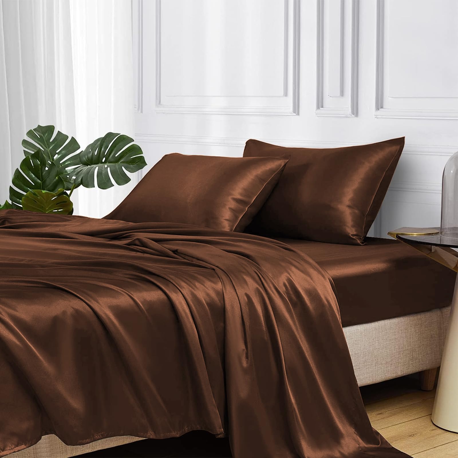 MR&HM Satin Bed Sheets, King Size Sheets Set, 4 Pcs