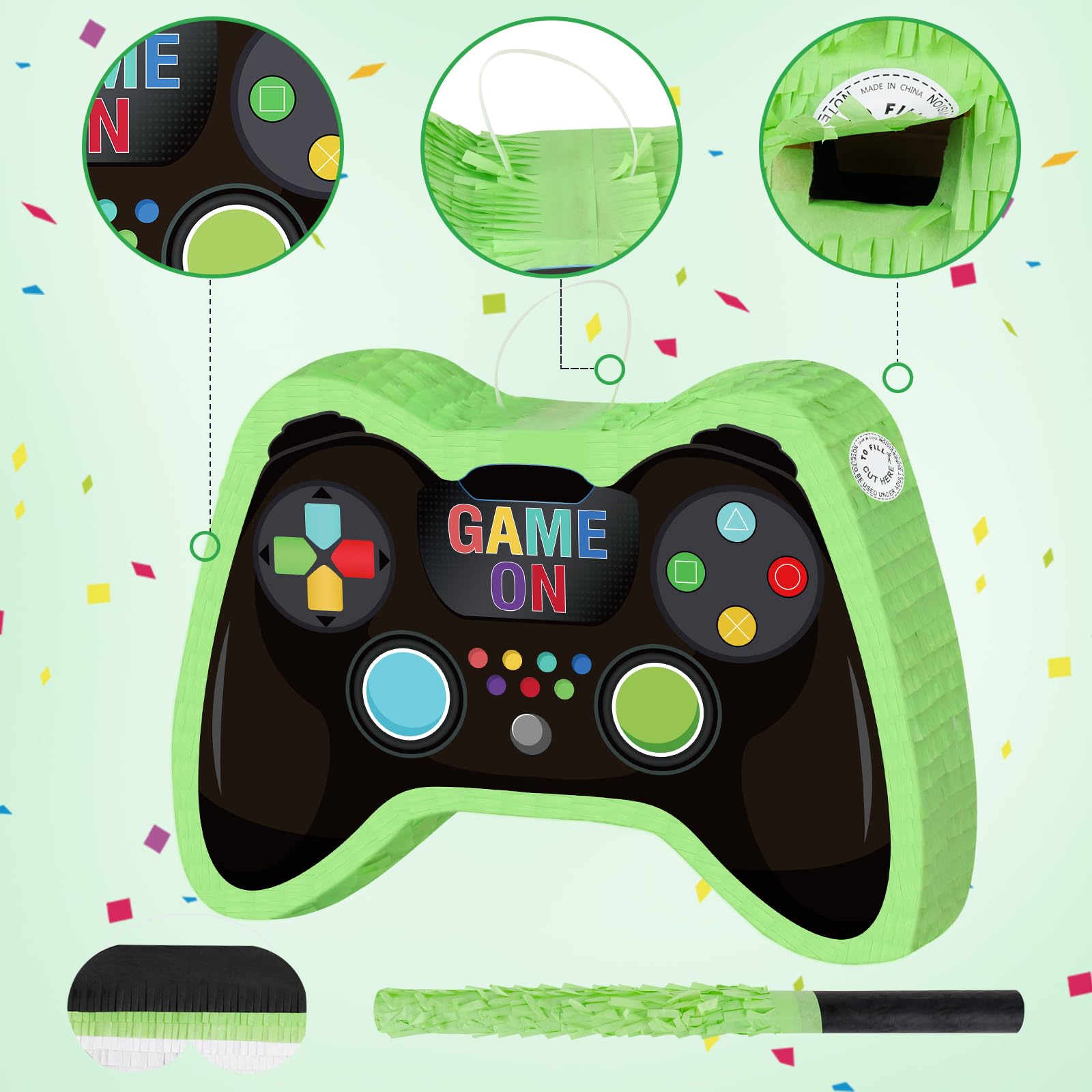 Video Game Controller Pinata with Blindfold and Stick Large Pinata Game Party Supplies for Kids Boy Gaming Theme Birthday Party Supplies Carnival Activity Decorations