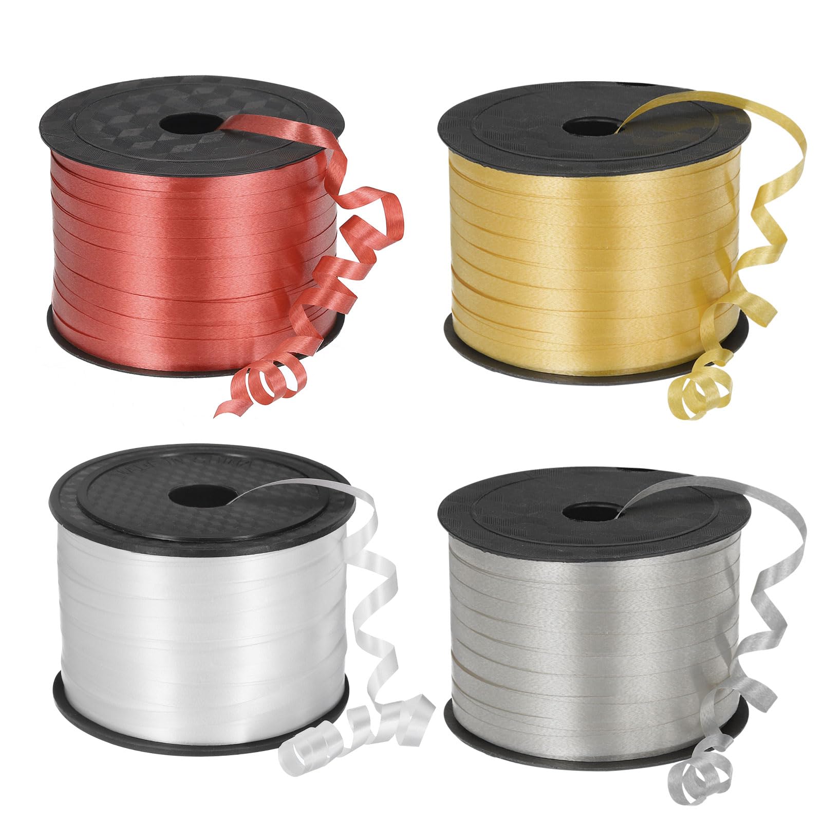 PATIKIL 4pcs 100 Yards Curling Ribbon Crimped Balloon String Metallic 5mm for Party Decoration Gift Wrapping Art Crafts, White/Gold/Silver/Red